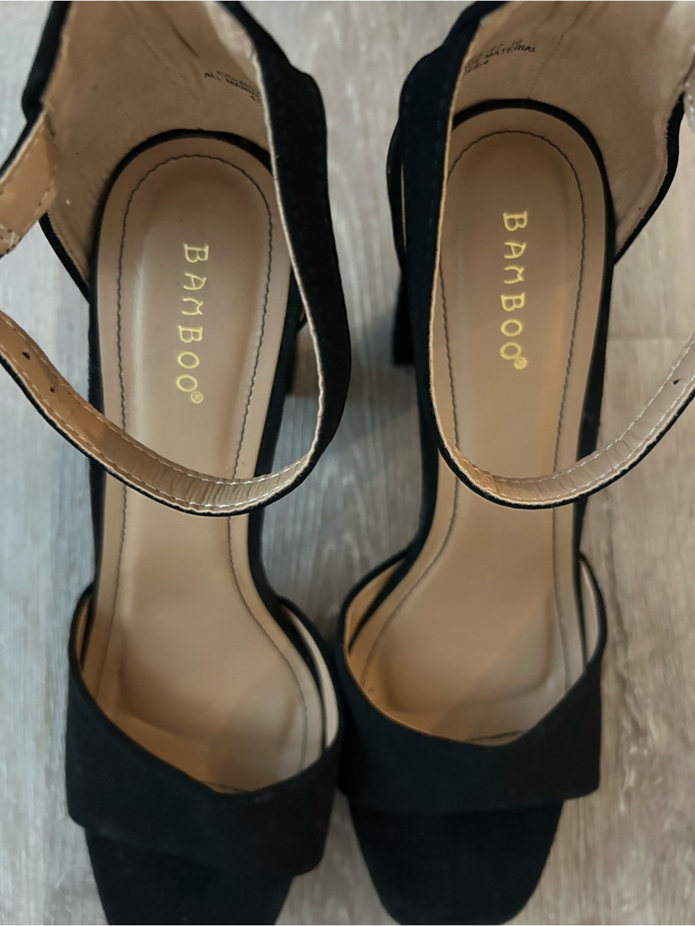 BAMBOO Black Suede Open-Toe Ankle Strap Block Heels